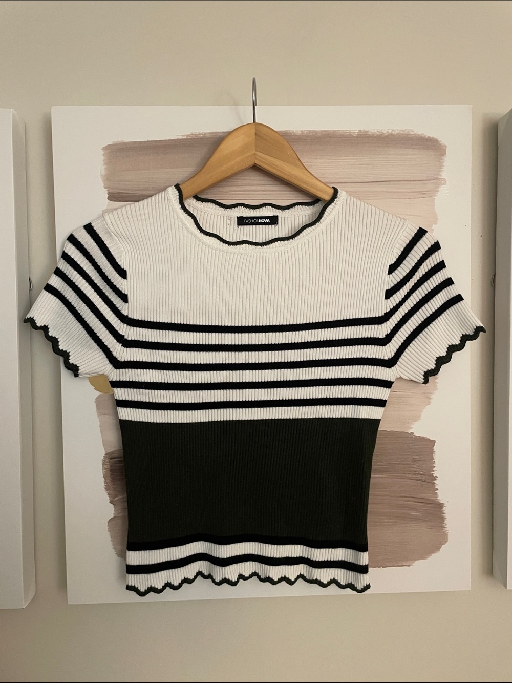 Fashion Nova Black, Green, & White Ribbed Short Sleeve Striped Top